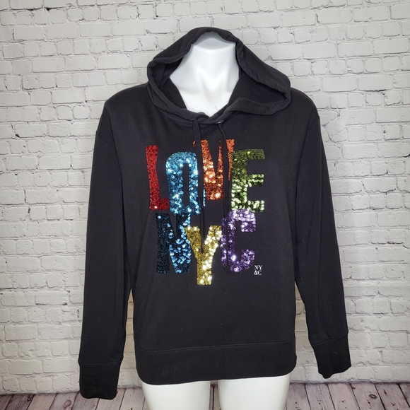 NY & Co Love NYC Sequined Hoodie Black Size M SOHO Street - Picture 2 of 7